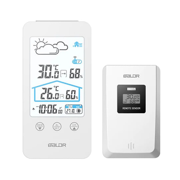 Купить Цифровой термогигрометр BALDR B0201WST2H2-WHITE Метеостанция c показаниями температуры и влажности внутри и снаружи помещения, белая